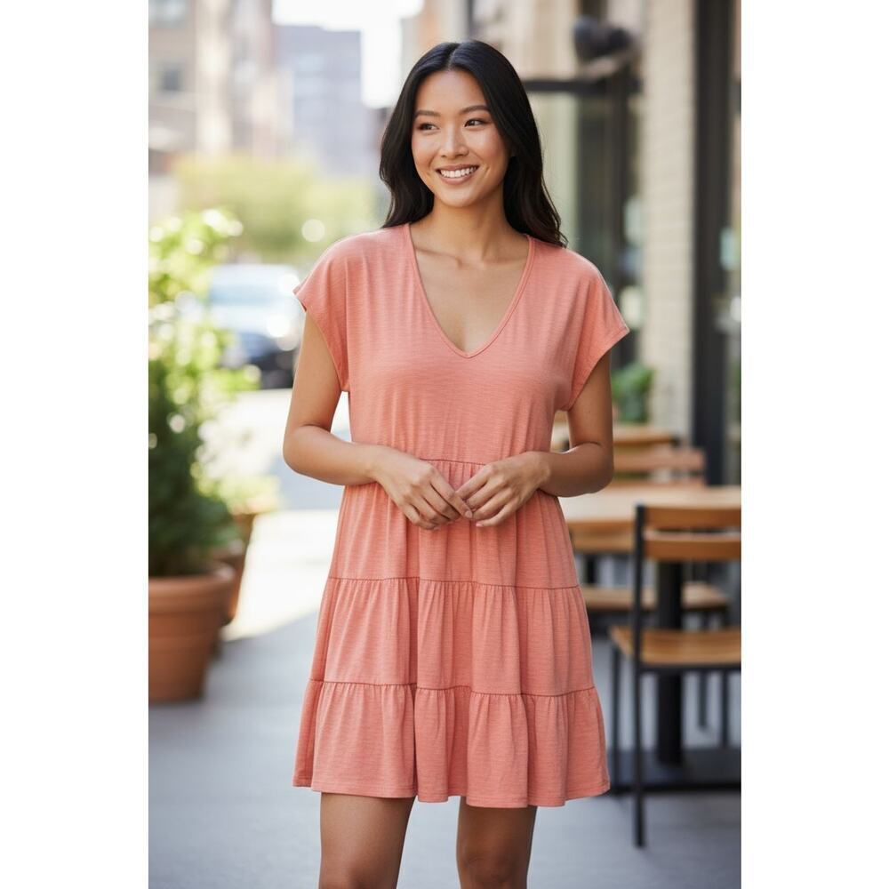 Altard State Women's Tiered V Neck Baby Doll Dress M Coral Pink Colorful Cottage